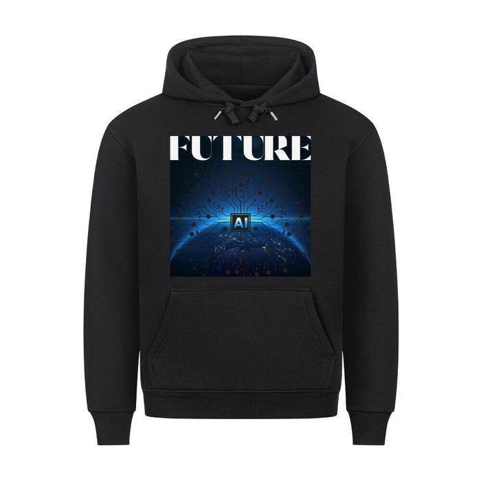 Premium black hoodie with "Future AI" design, metal-tipped hood drawstrings, and front pocket.