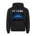 Premium black hoodie with "Future AI" design, metal-tipped hood drawstrings, and front pocket.